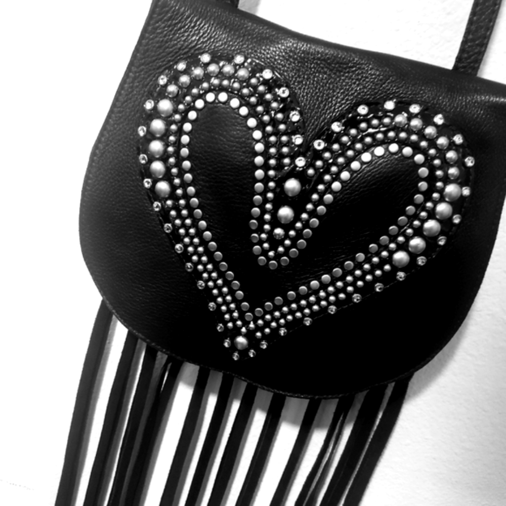 LEATHEROCK Rhinestone Studded Heart BLK Ltr Messenger-NWOT